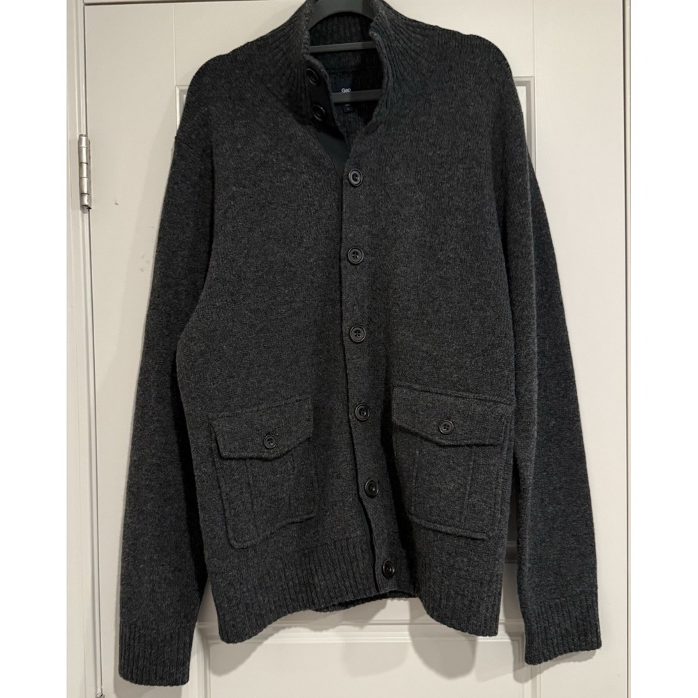 Gap Lambs Wool Cardigan Sweater Gray Grandpacore Teacher Mens Size L Y2K Thick